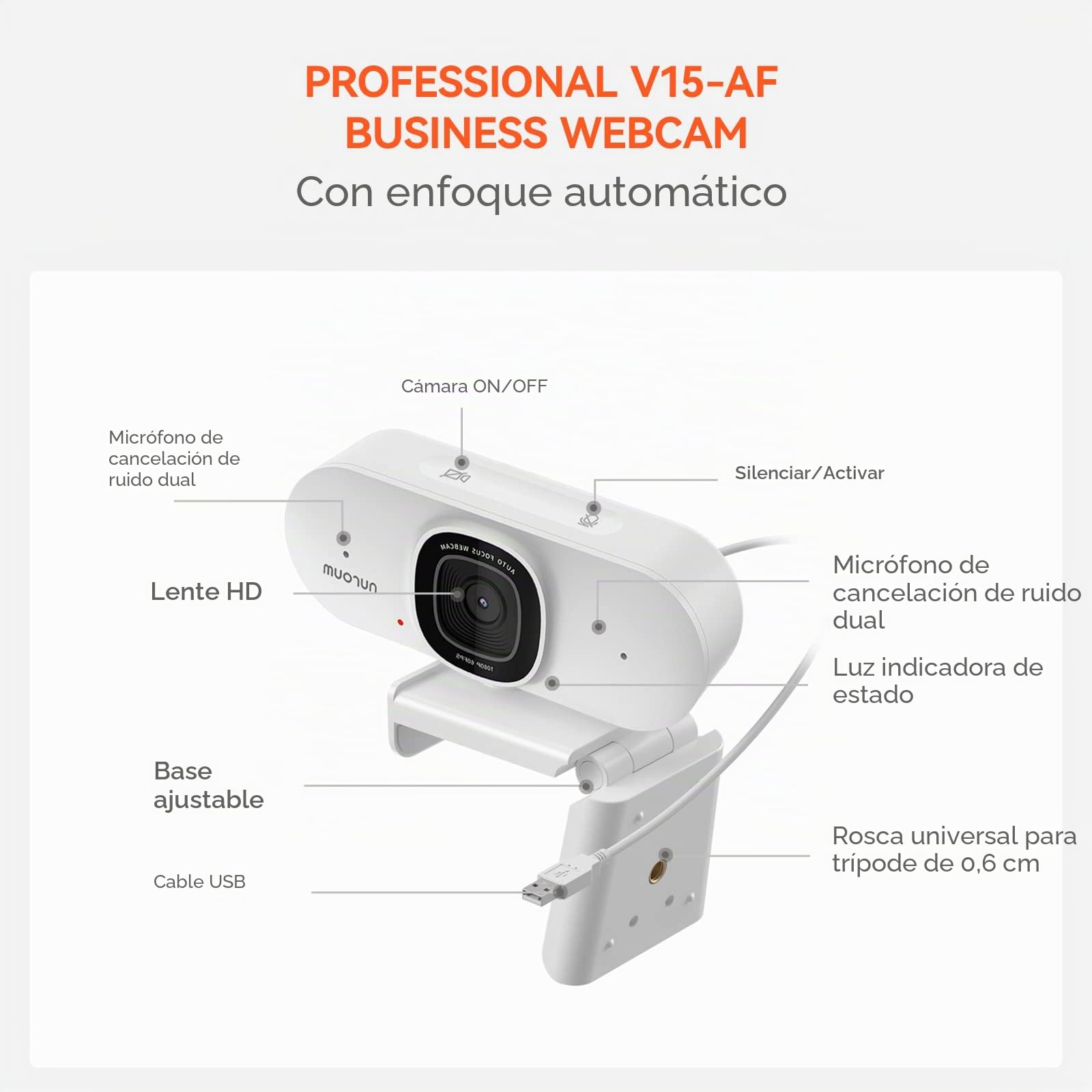 Nuroum Webcam V15-AF con Dos Micrófonos con Cancelación de Ruido Webcam con Enfoque Automático, Videollamadas HD 1080p, Amplio Campo de Visión, Corrección de la Luz, USB Plug&Play para Zoom/Skype