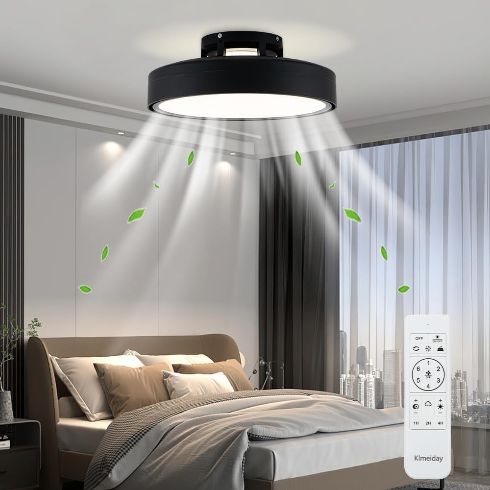 (SIMILAR TO STOCK PHOTO)Ceiling Fans with Lights and Remote, Flush Mount Modern Bladeless Ceiling Fan with Light, 6 Speeds, Stepless dimming and CCT 3000K-6000K LED Lights for Bedroom, Study Room (Black, 17.7?) Black 17.7?