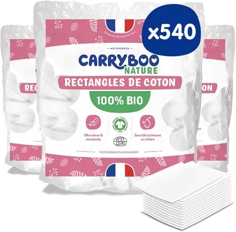 CARRYBOO - 540 Coton Pads Bébé 100% Bio - Ultra Doux pour Peaux Sensibles - Hypoallergénique - Change & Toilette - Fabriqués en France