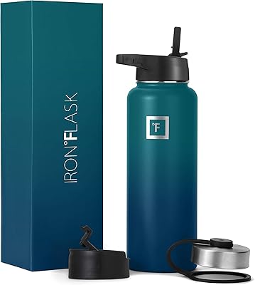 IRON °FLASK Sports Water Bottle - 40oz, 3 Lids (Straw Lid), Leak Proof - Stainless Steel Gym & Sport Bottles for Men, Wome...