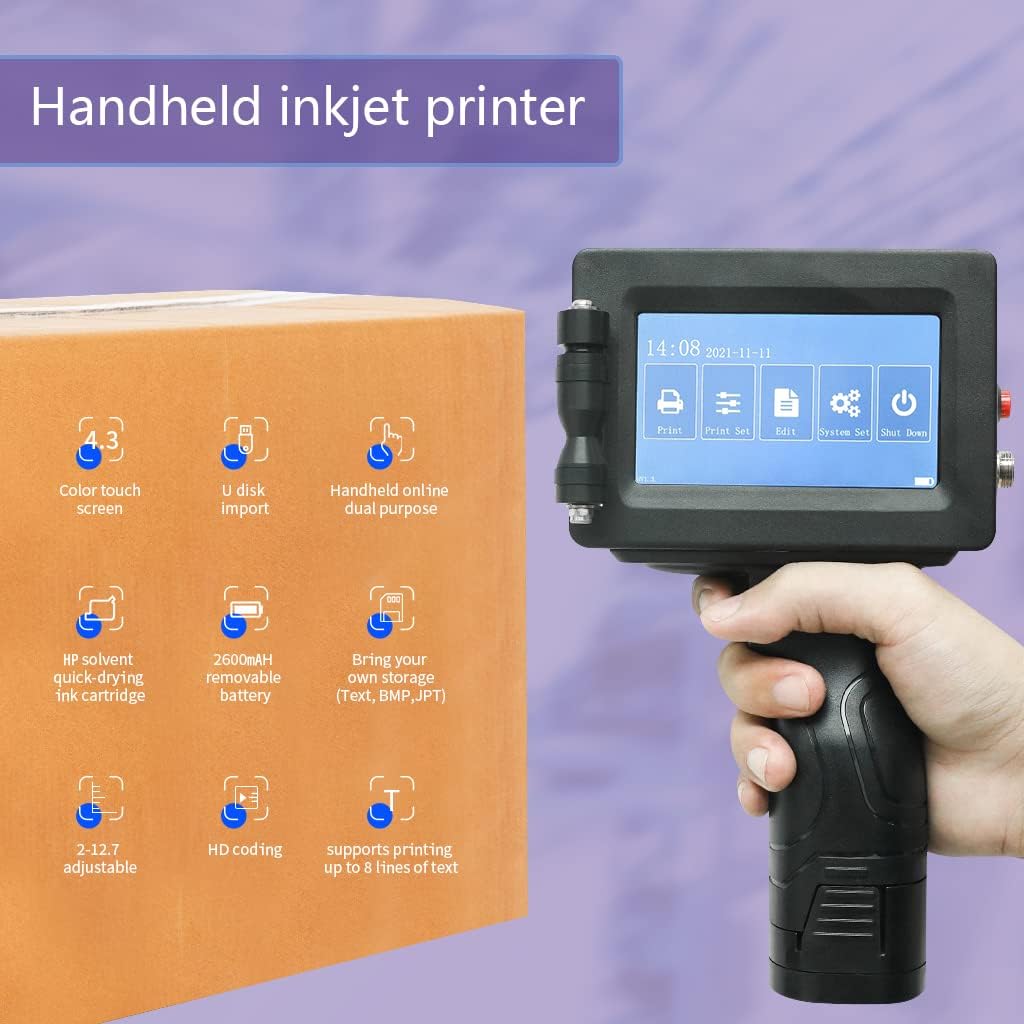 PEKOKO Inkjet Printer with 4.3 Inch HD Touch Screen,Handheld Inkjet Printer with Quick-Drying Ink Cartridge,Portable Printer Gun for Label/Production Date/Serial Number/Barcode/QR Code/Logo/Image
