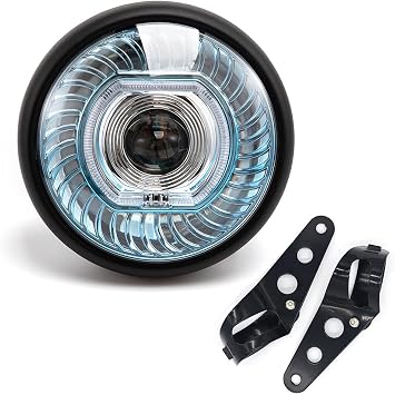 Round Motorcycle Headlight 7.64 inch with Mounting Brackets Assembly, LED Front Headlamp For Cafe Racer E-Bike Chopper Bobber Style B