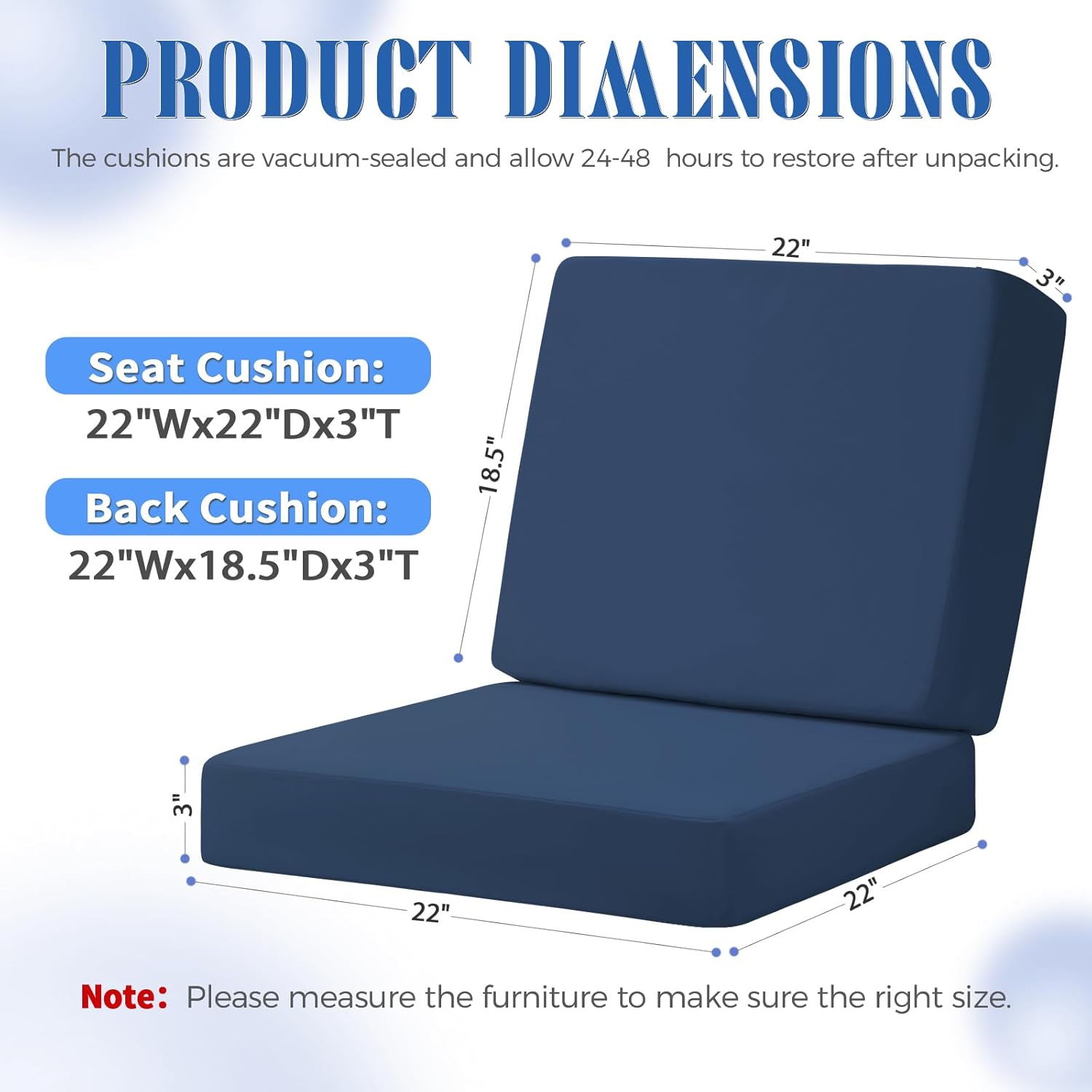 Outdoor Deep Seat Cushion Set, 22 x 22 Inch Waterproof and Fade Resistant Patio Furniture Cushion Backrest with Ties for Patio Garden Yard and Balcony (Blue, 22x22Inch)