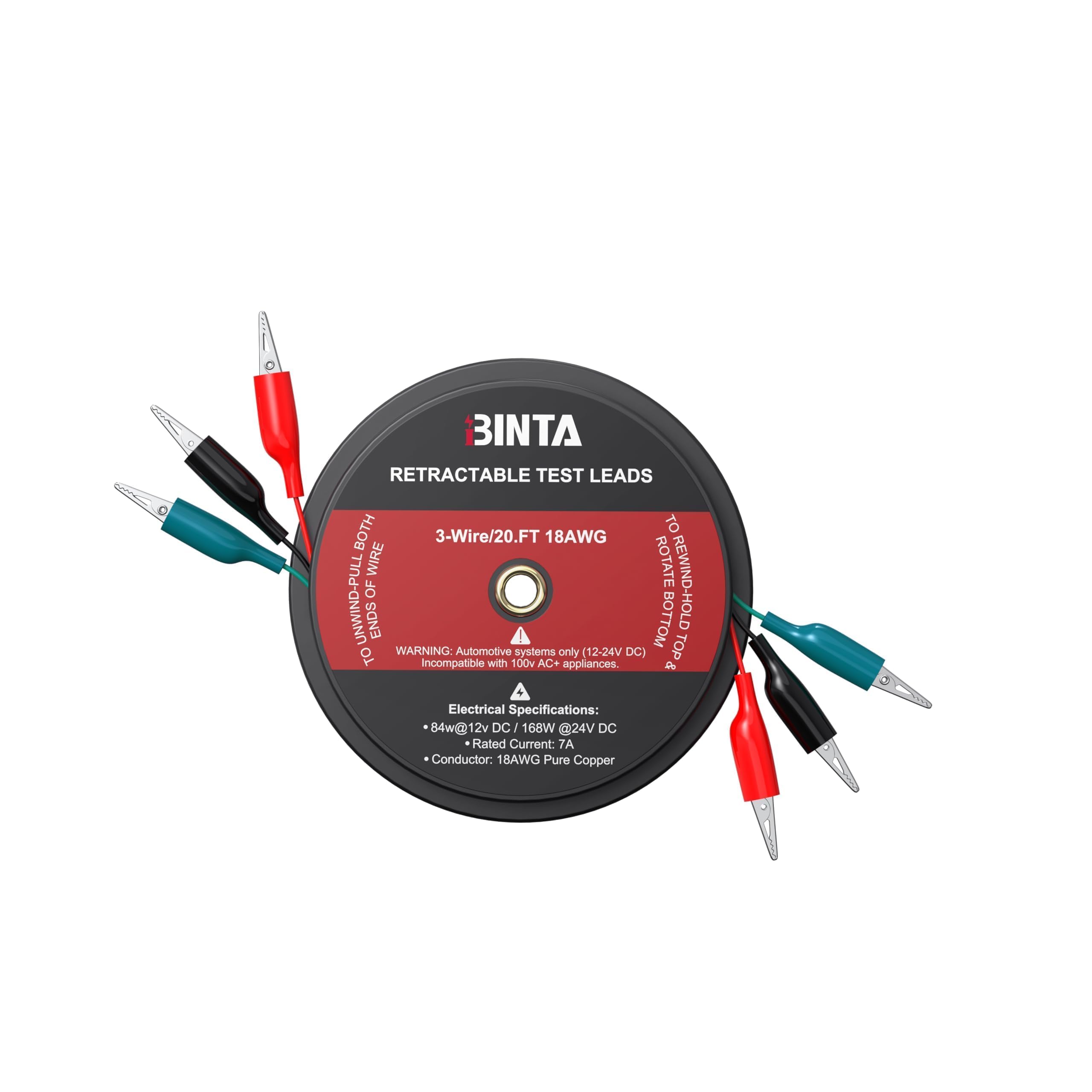 BINTA 3 Wire 20 Ft Retractable Test Leads, Red/Black/Blue Alligator Clips — Amazon image 8