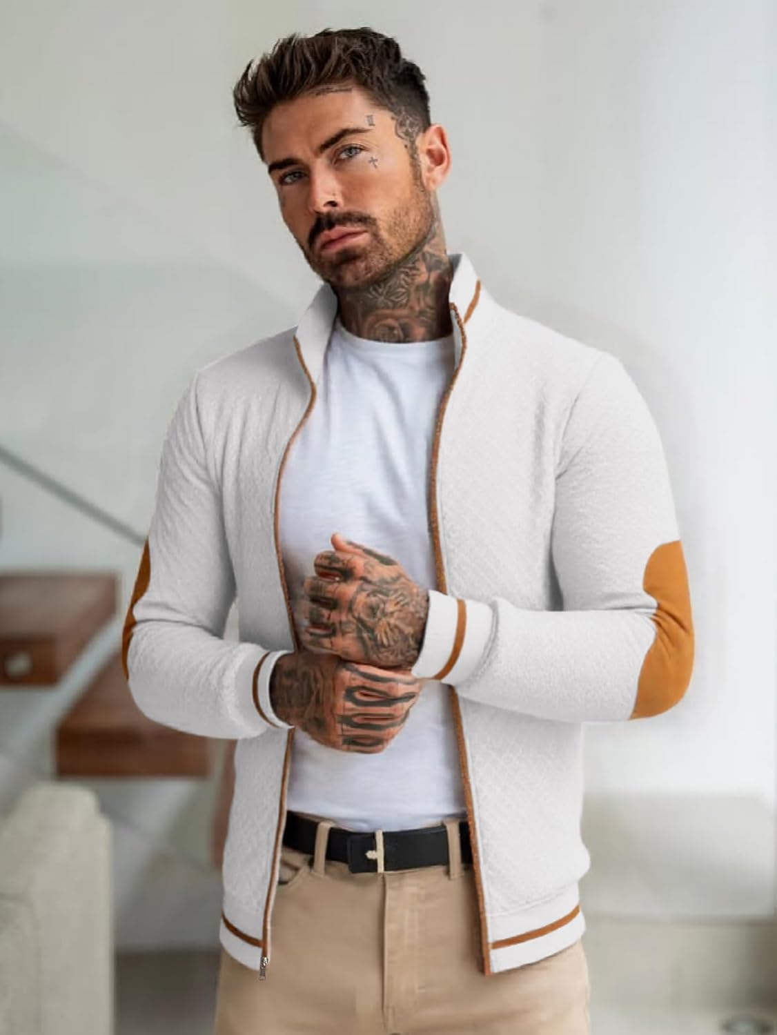 Men's Lightweight Jacket jacquard Full Zip Stand Collar Casual Stylish Bomber Jacket Varsity Coat - Image 3