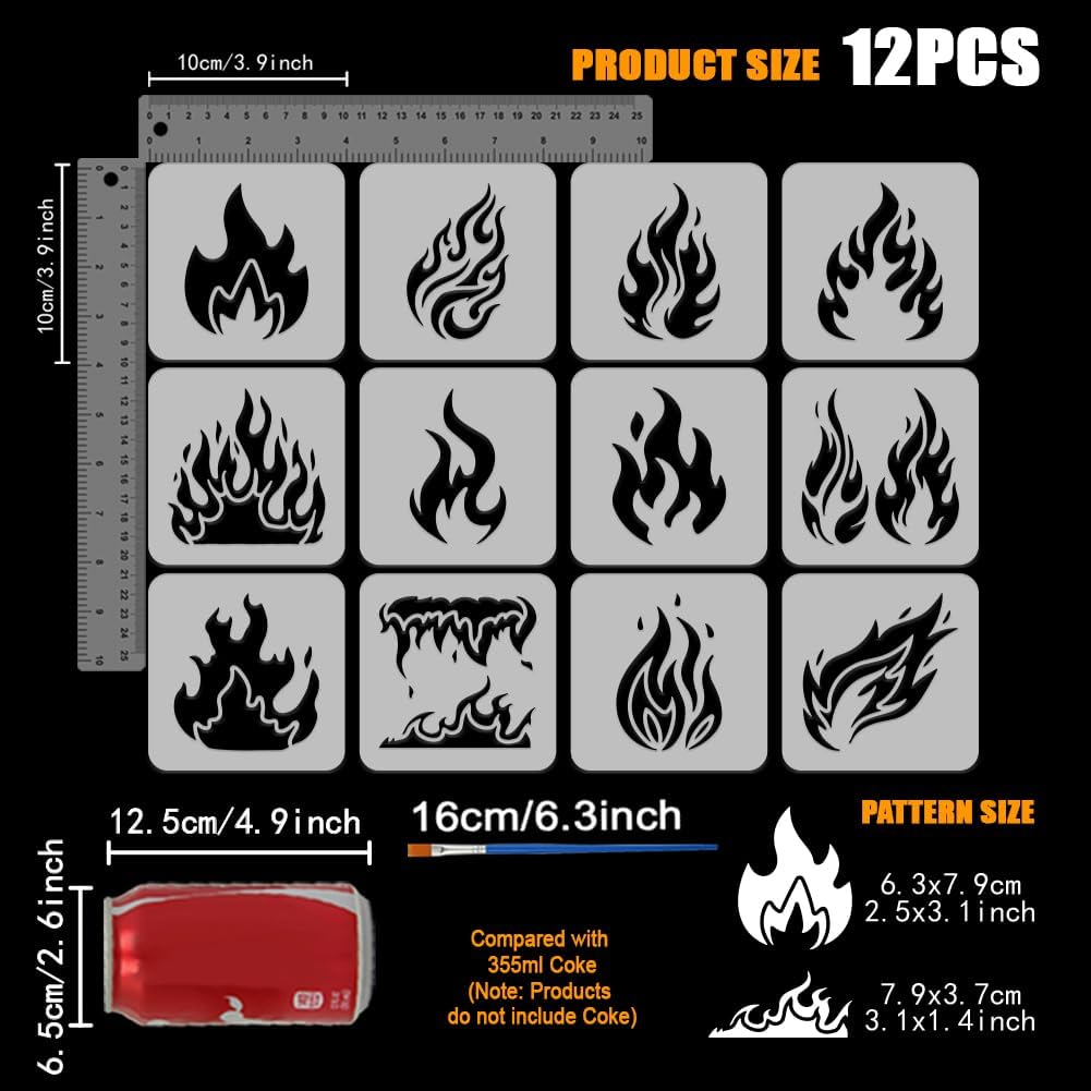 FINGERINSPIRE 12PCS Flame Painting Stencil with Paint Brush 3.9x3.9inch Reusable Fire Pattern Drawing Template Decorative Flame Silhouette Stencil Daily Theme Template for Adults Painting on Fabric image 2