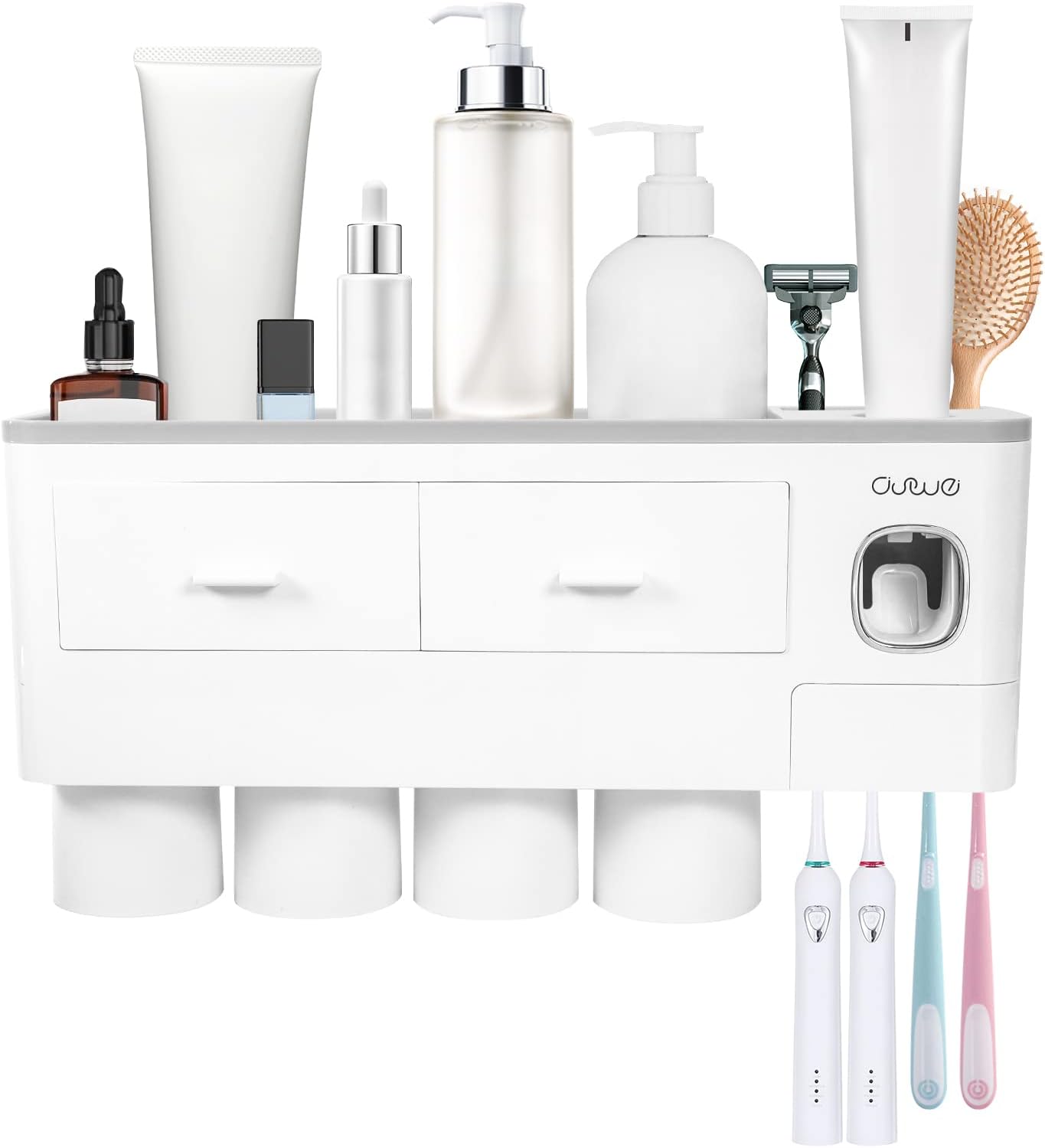 Multifunctional Wall-Mounted Toothbrush Holder,Automatic Toothpaste Dispenser Space Saving Toothbrush Organizer,4 Cups and Drawers Cosmetic Organizer for Washroom and Bathroom