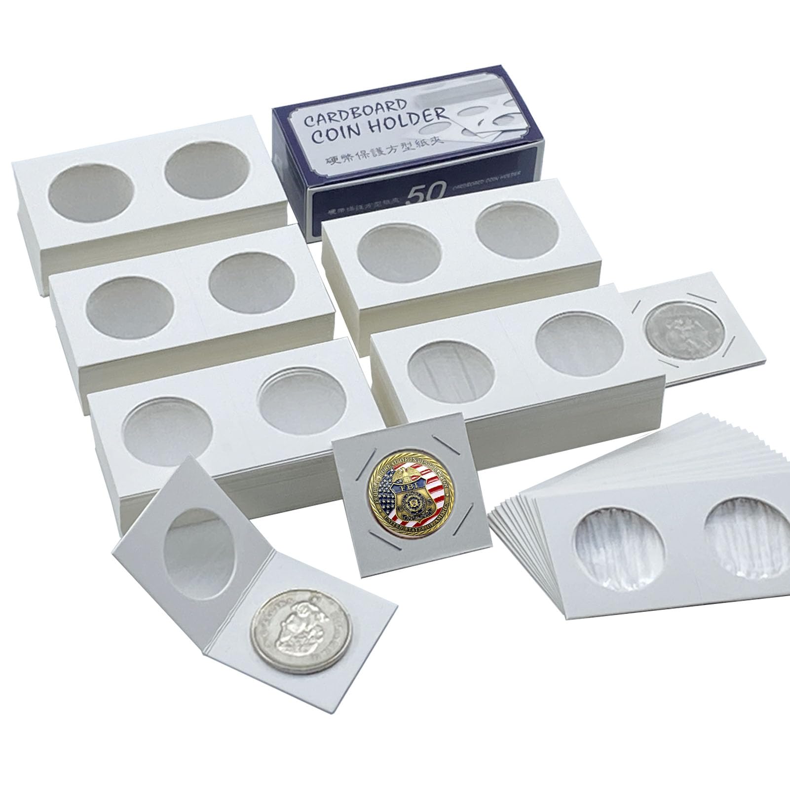 250 Pieces 2" x 2" Cardboard Coin Flips Coin Holders Mylar Coin Flips for Colletors Coin Collection Supplies for Large Dollar (40mm)