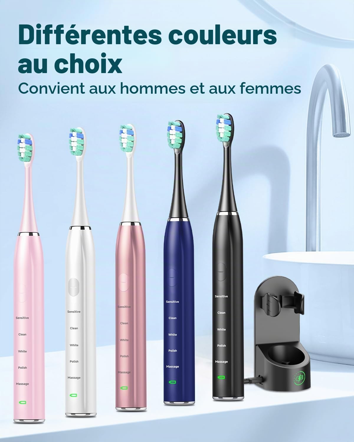 Brosse à dents électrique sonique pour adulte - Brosse à dents électrique à ultrasons avec étui de voyage et station de charge - Avec 8 têtes de brosse, 5 modes de brossage - 40 000 VPM