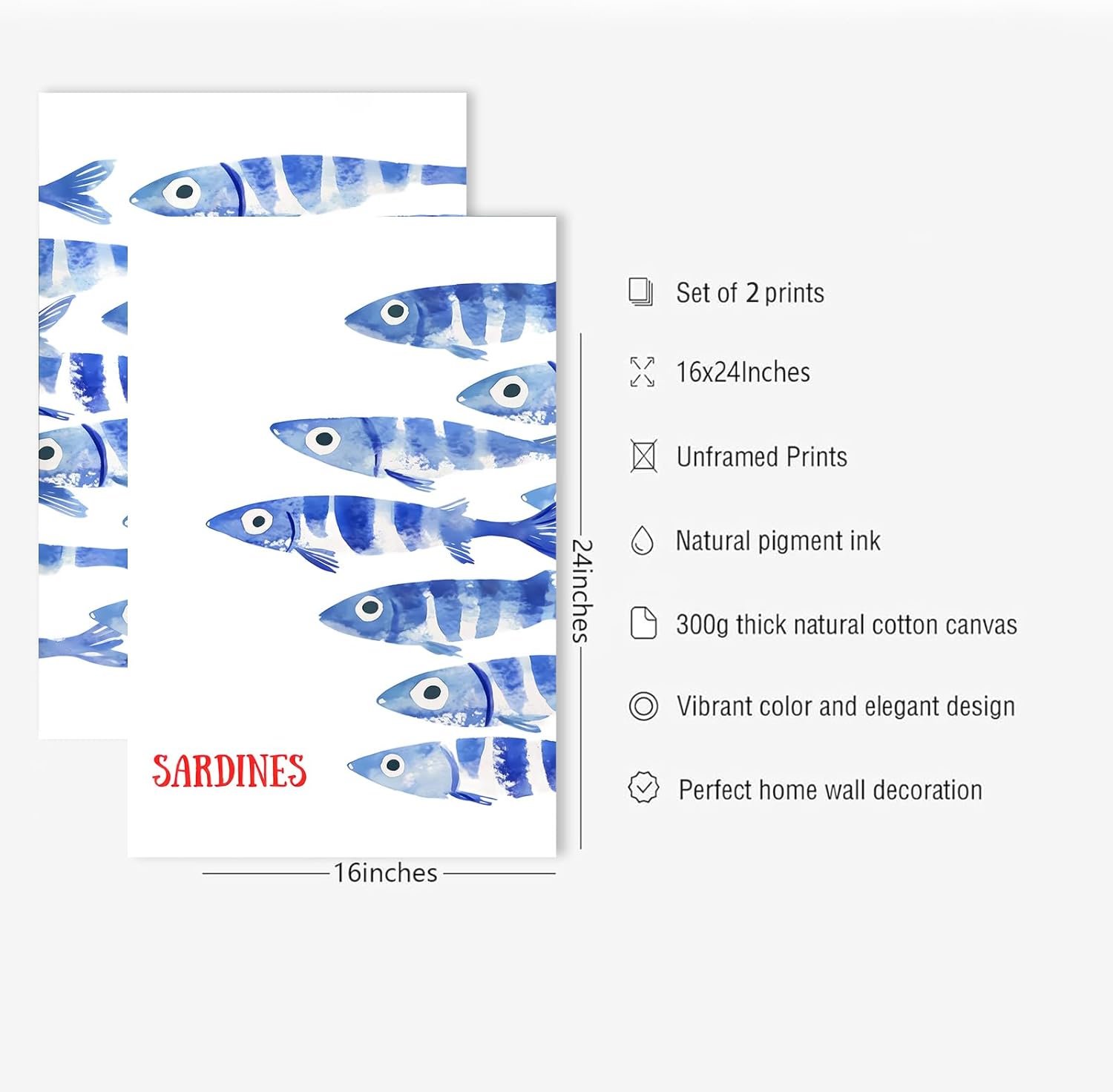 Kitchen Wall Art Restaurant Minimalist Wall Art Beach Room Decor Animal Sea Life Still Life Aesthetic Prints Modern Sardine Fish Poster for Living Room Bedroom Dorm Set of 2 UnFramed 16x24 Inch Decor - Image 7