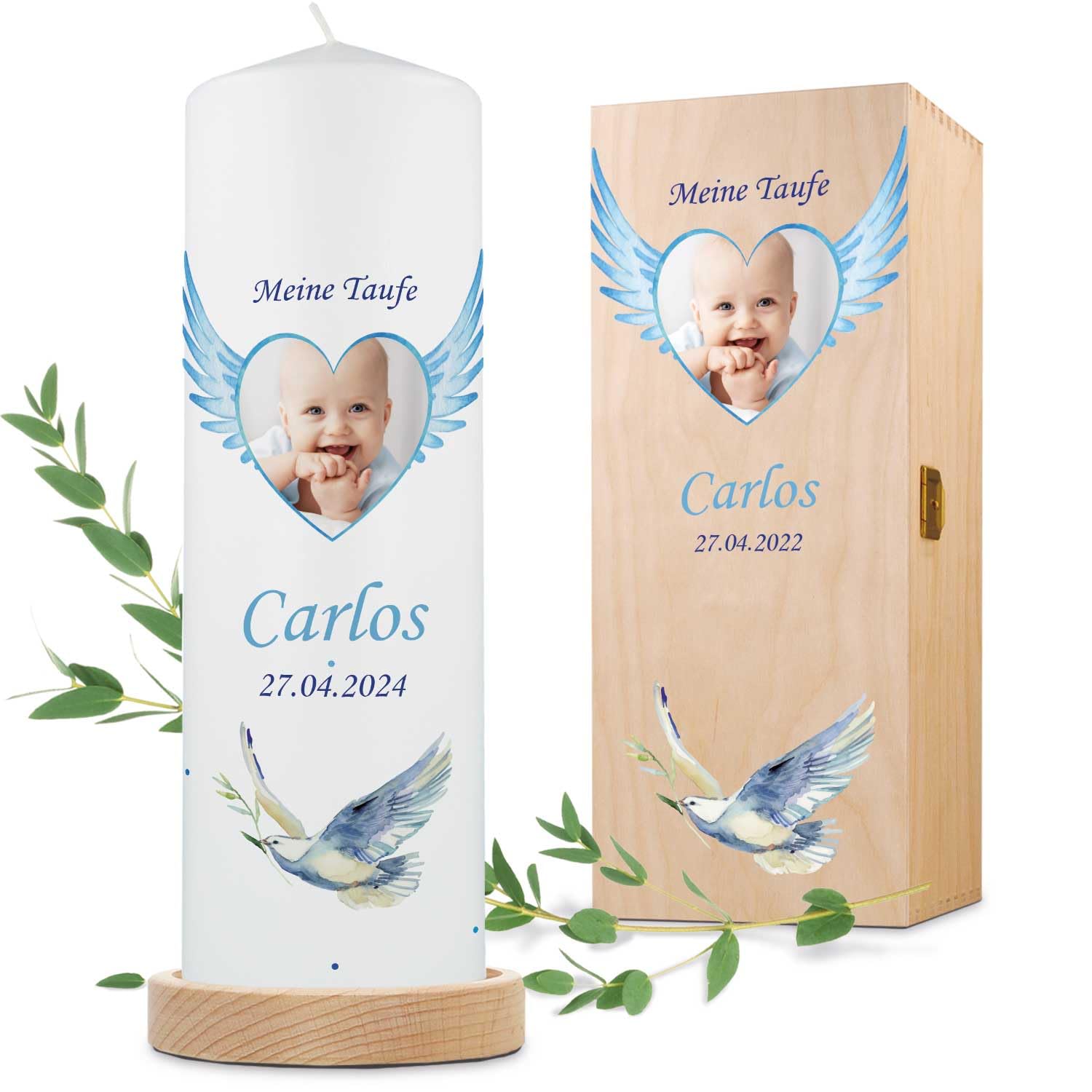 GRAVURZEILE Bedruckte Kerze - Flügelherz - Baby Fotokerze zur Taufe - Taufkerze mit eigenem Foto - Personalisiert mit Namen, Datum & Bild - Hochwertige Stumpenkerze 250/80 mm - Farbe: Blau