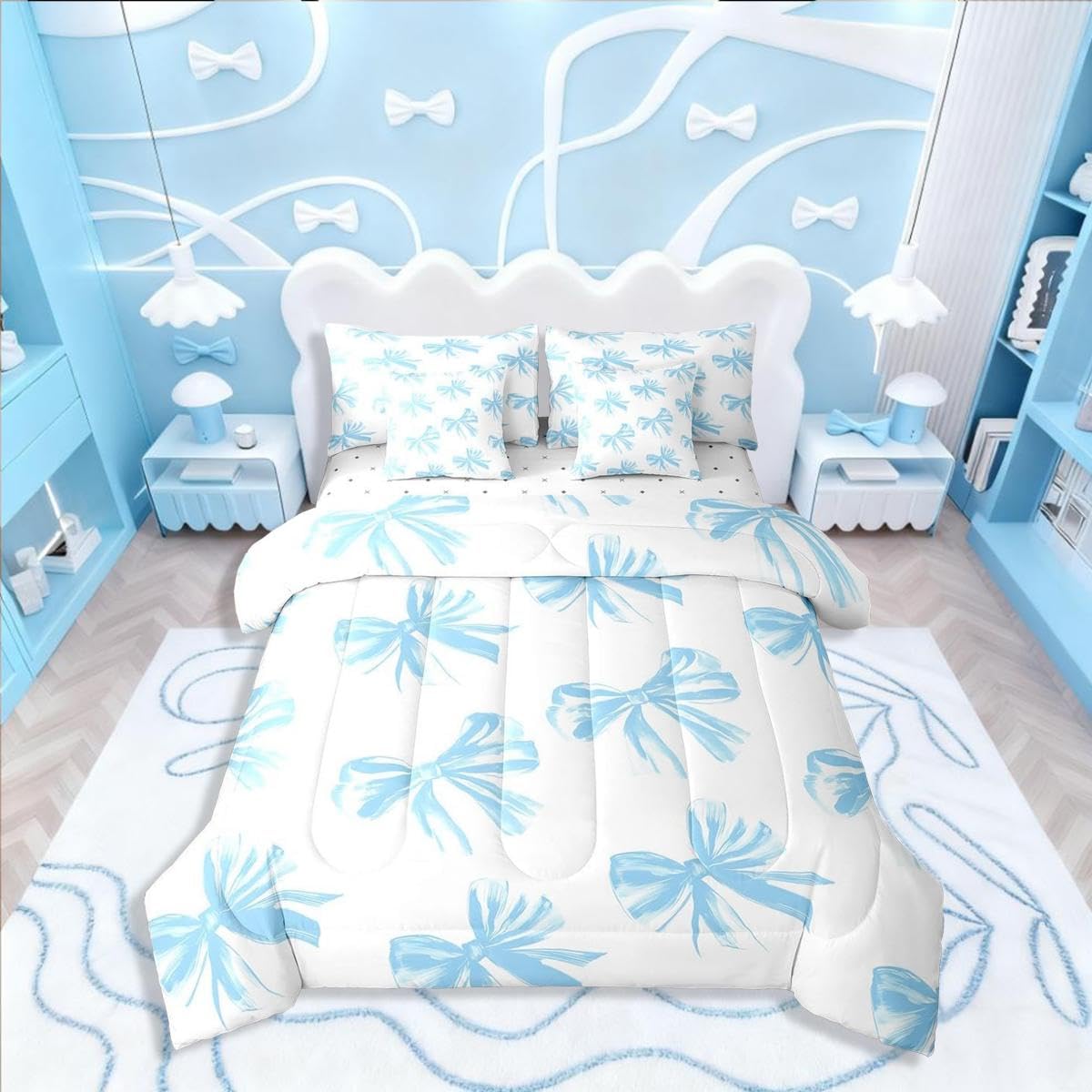 Erosebridal Bow Bedding Set,Blue Bowknot Twin Comforter Set 7 Piece Bow Tie Bed in A Bag for Kids Teen Adults Bedroom Decor,Watercolor Bowknot Blue
