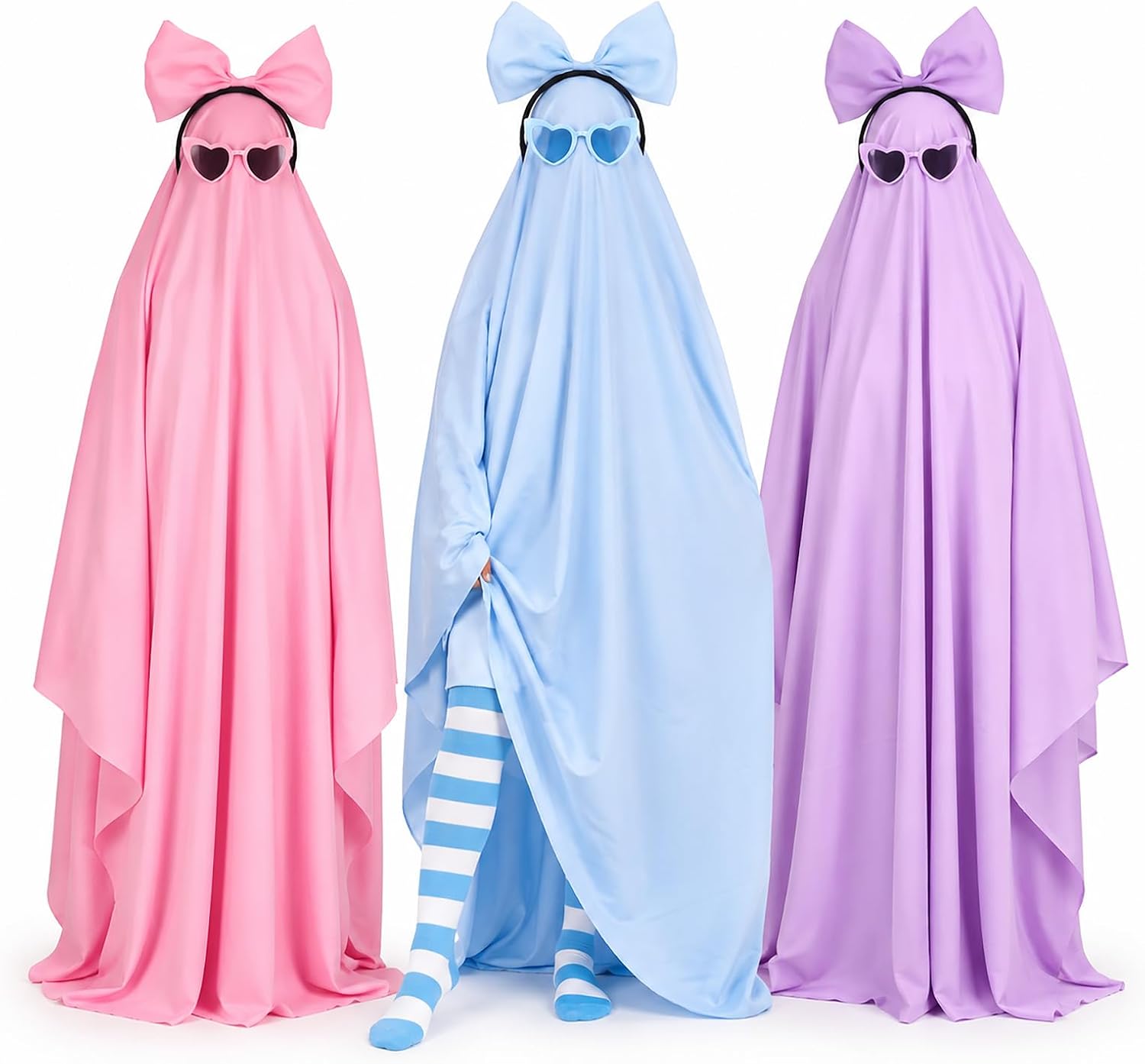 12 PCS Boho Halloween Ghost Costume Set for 3-Person, 57.48 x 88.8'' Colorful Ghost Cape with Bow Headbands, Heart Glasses & Striped Over Knee Socks for Trick or Treat Family Party Dress Up