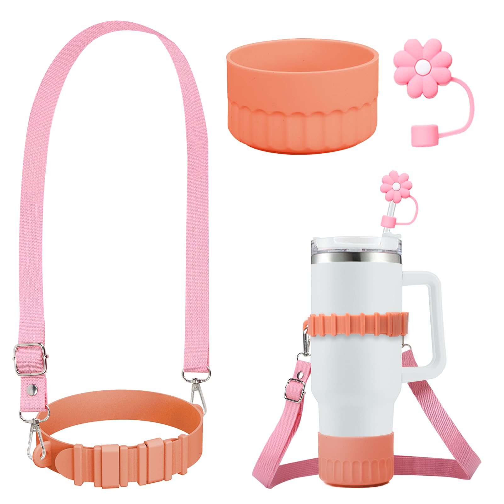 Photo 1 of Water Bottle Handle Strap and Silicion Water Bottle Boot, Water Bottle Handle for 8-40oz Bottles, Anti-Slip Silicone Boot for Stanley 40 oz Tumbler with Straw Cover (Orange)