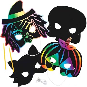 Baker Ross AX228 Halloween Scratch Art Masks - Pack of 8, Halloween Decorations, Ideal for Kids to Design and Decorate