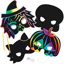 Baker Ross AX228 Halloween Scratch Art Masks - Pack of 8, Halloween Decorations, Ideal for Kids to Design and Decorate