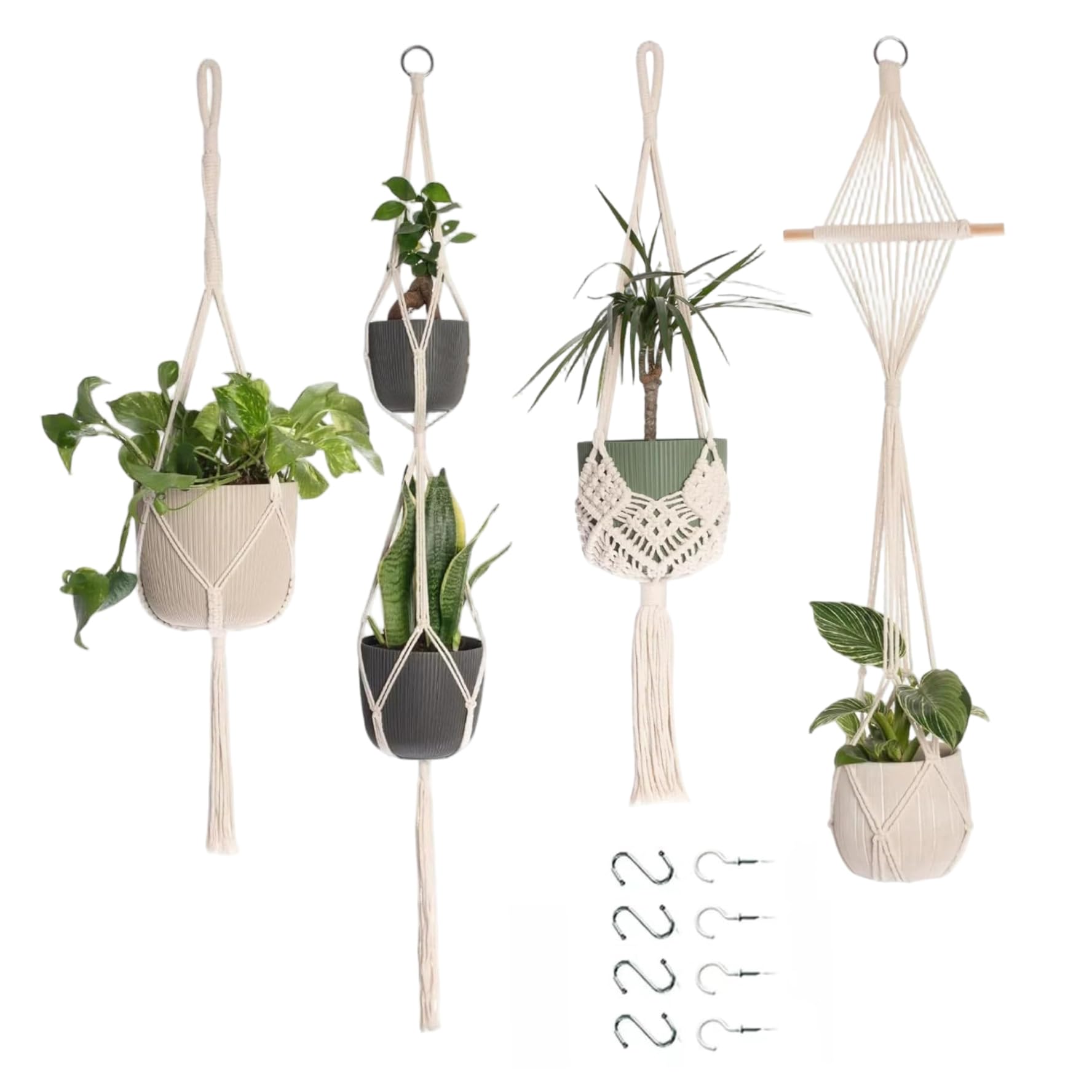 Porte-Plante Suspendue Macrame Planter Intérieur et Extérieur | Corde Coton 4 Pcs