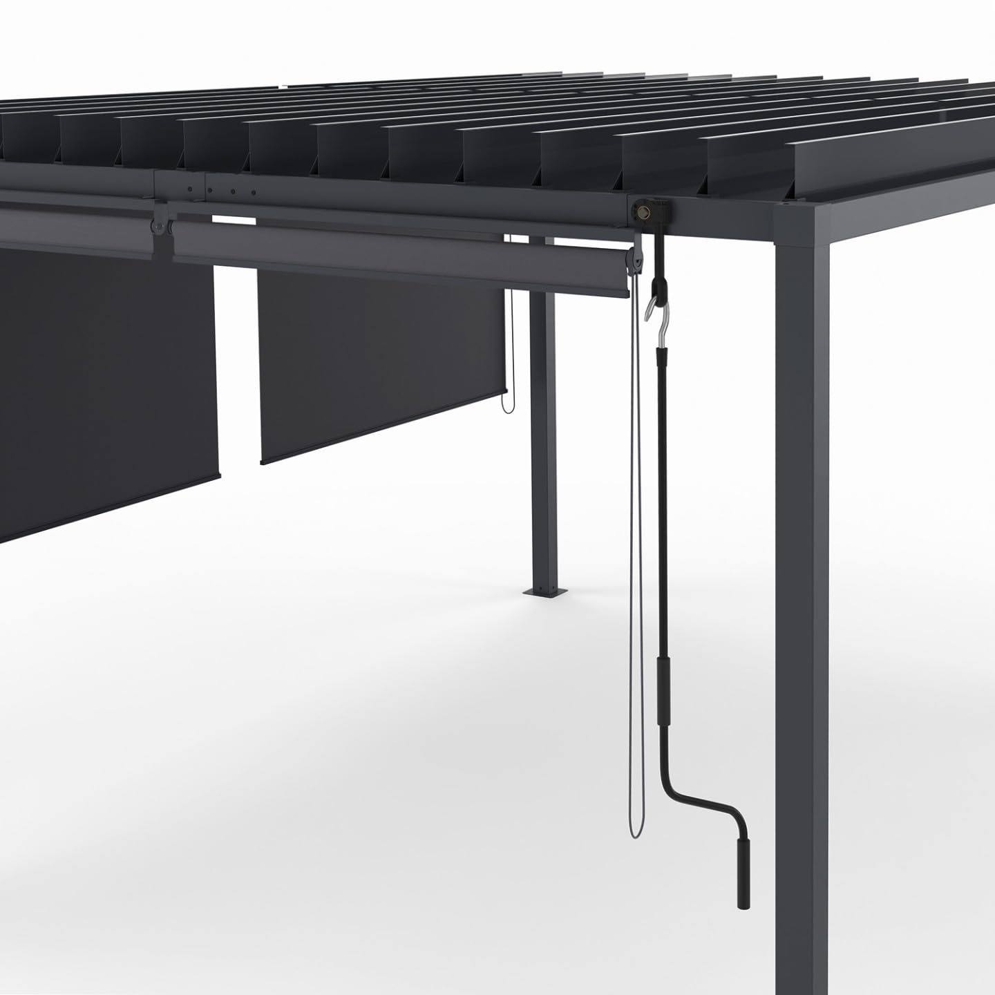 Pérgola bioclimática con lamas orientables de acero de 3x4 m y 4 toldos gris antracita