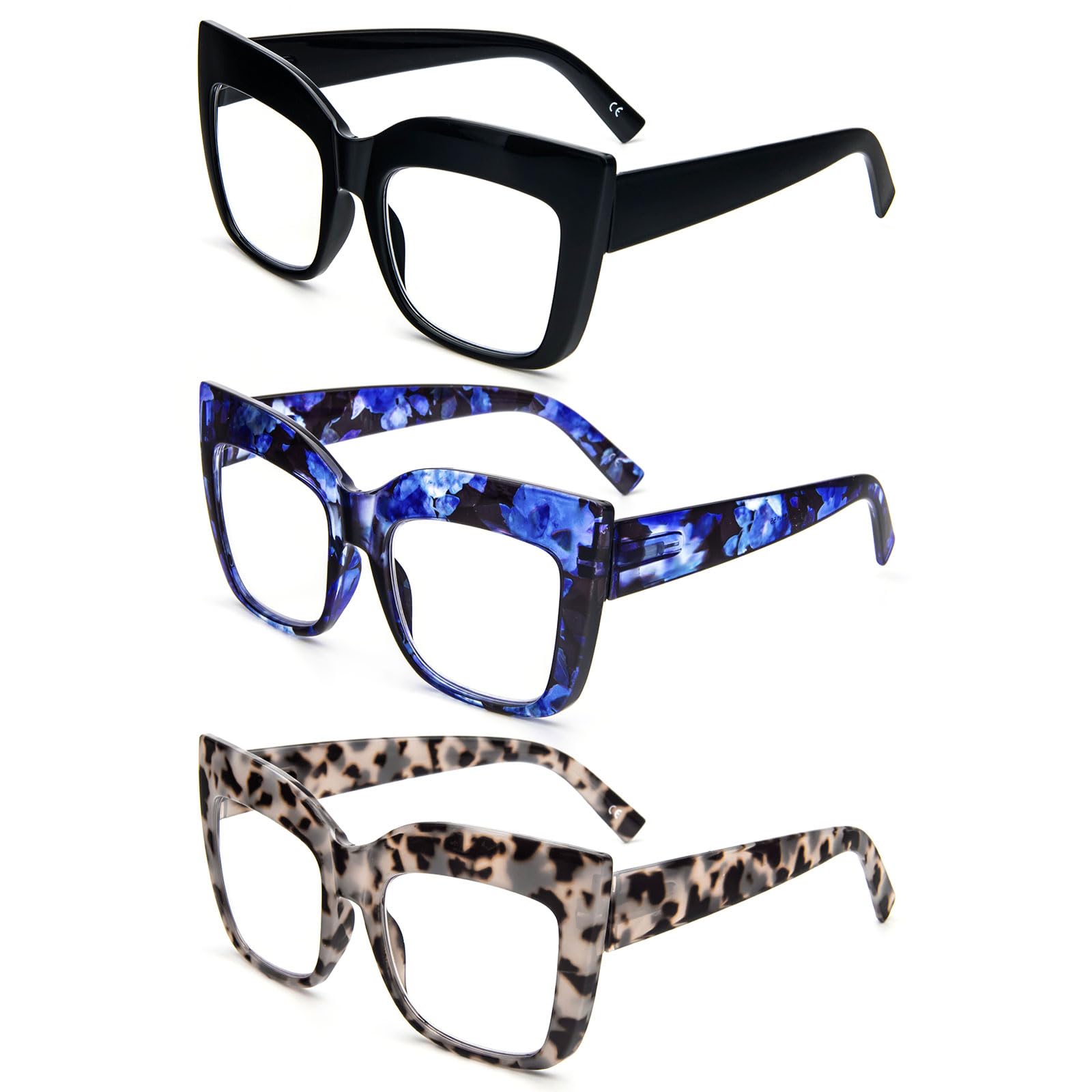 REAVEE 3 Pack Oversized Reading Glasses for Women Thick Large Frame Blue Light Blocking Stylish Computer Readers Spring Hinge,Black Blue Grey 2.5