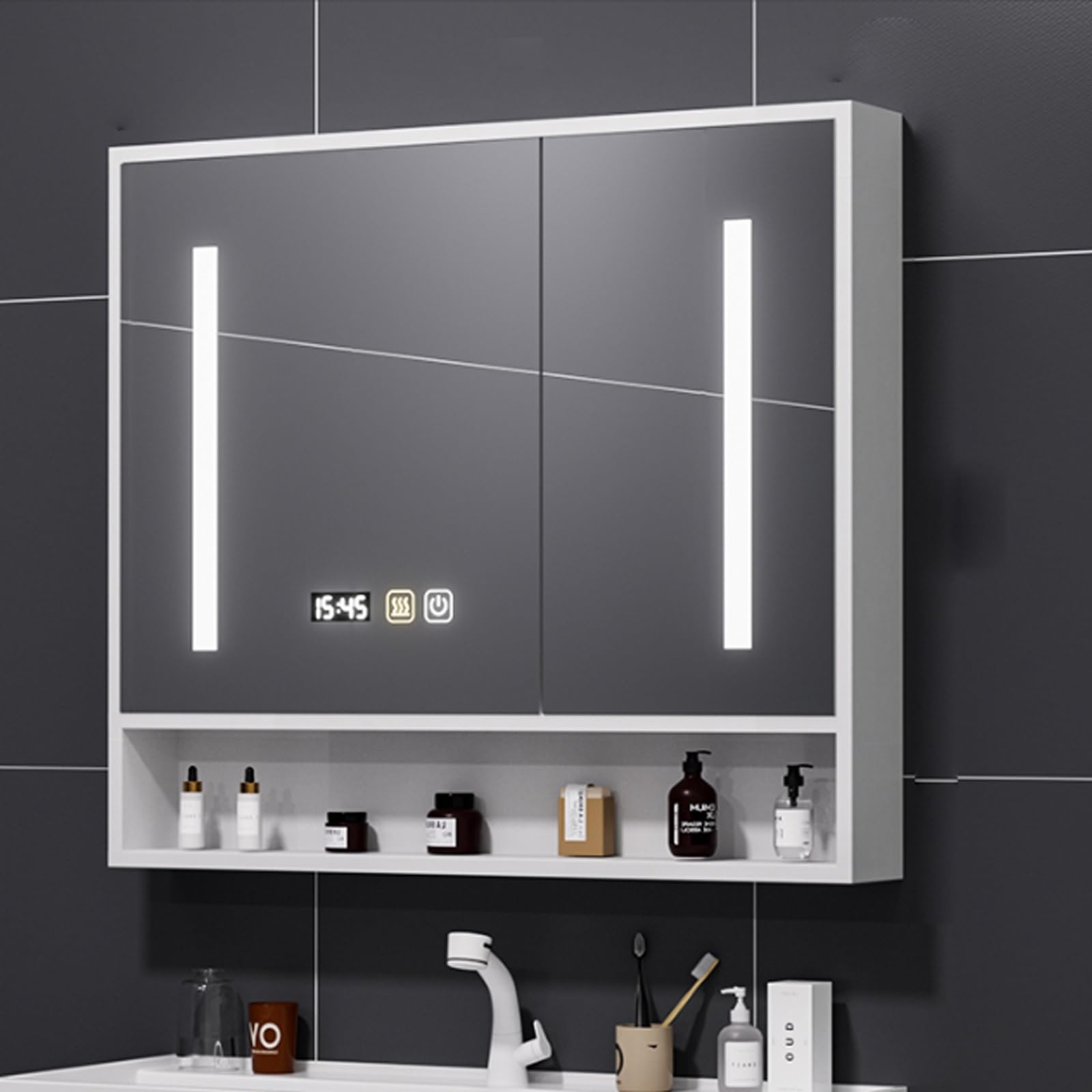 Armario espejo baño led Espejo Antivaho de Maquillaje espejo baño con almacenaje y luz moderno armario con espejo baño de madera visualización de la hora interruptor tactil Atenuación continua(White,8