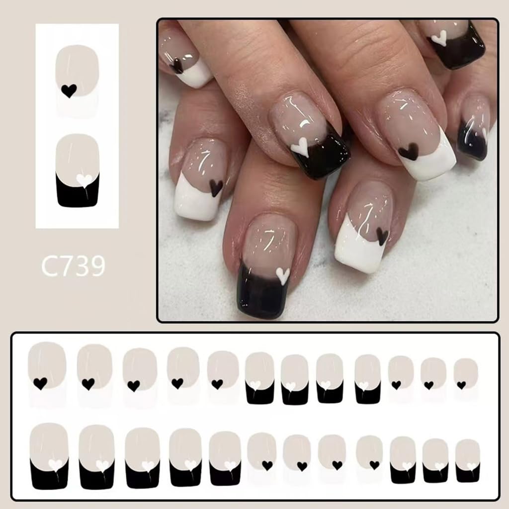 24 Pcs Valentines Day Stick on Nails Heart Full Covers False Nails French Tip Manicures Supplies