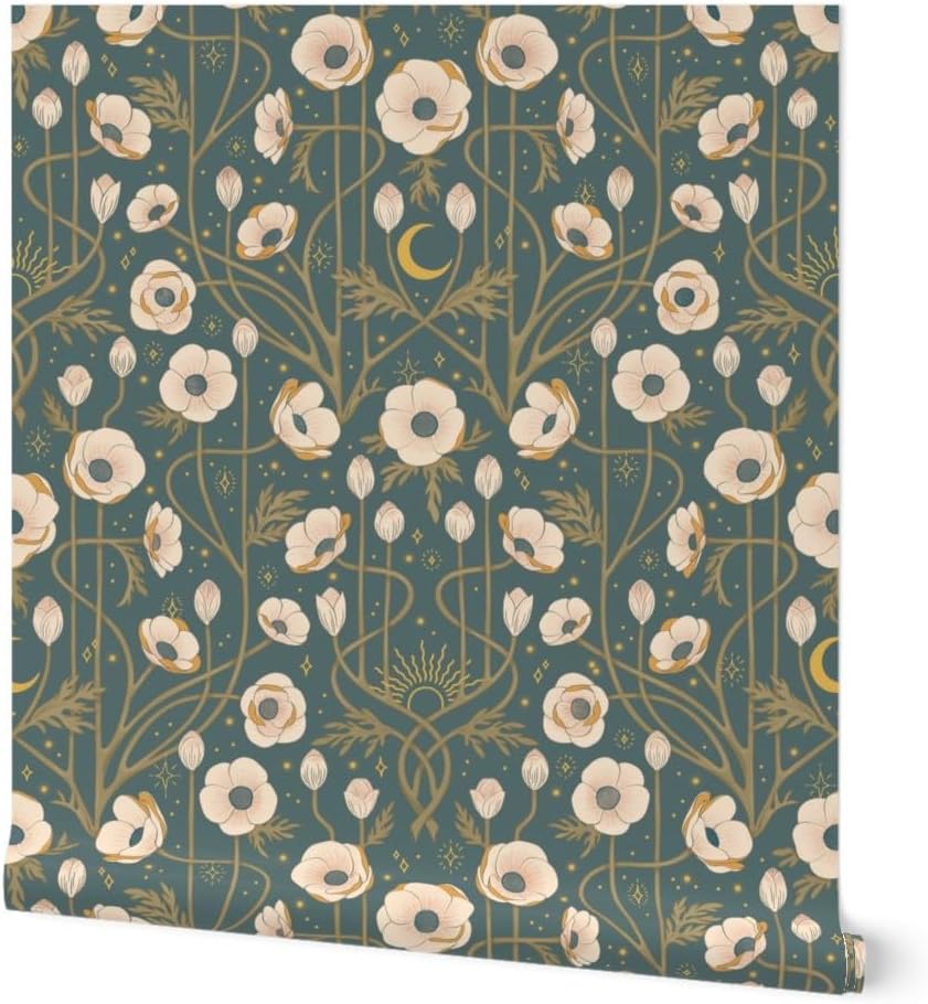 Removable Wallpaper Swatch - Art Nouveau Boho Floral Deco Flowers Celestial Night Anemone Moon Custom Pre-Pasted Wallpaper by Spoonflower