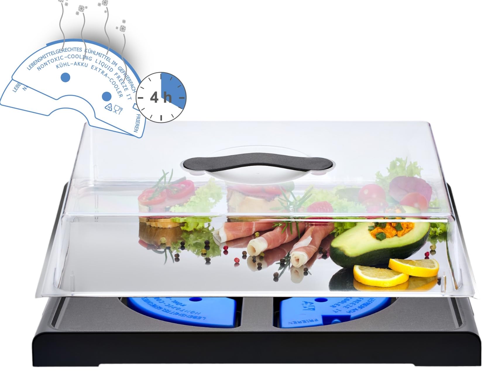 FH Plateau de service avec couvercle - Boîte de transport pour gâteau avec refroidissement, plaque de refroidissement avec couvercle et blocs réfrigérants - En acier inoxydable, jusqu'à 4 heures de