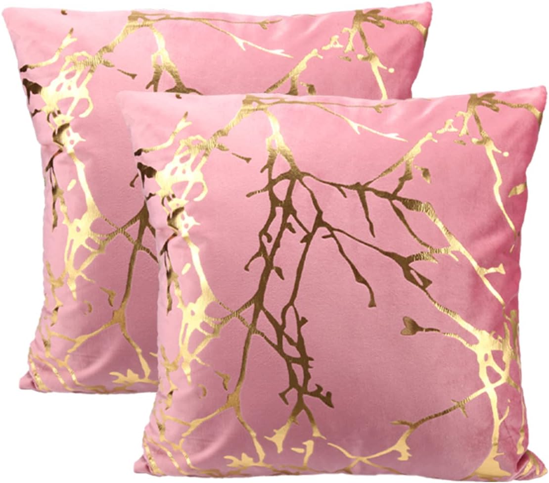 Idocolors Juego de 2 Fundas de Cojín de Terciopelo Fundas de Almohada de Ramas Doradas Cubierta Decorativa para Sofá Salón Dormitorio Coches, Rosa 45x45cm