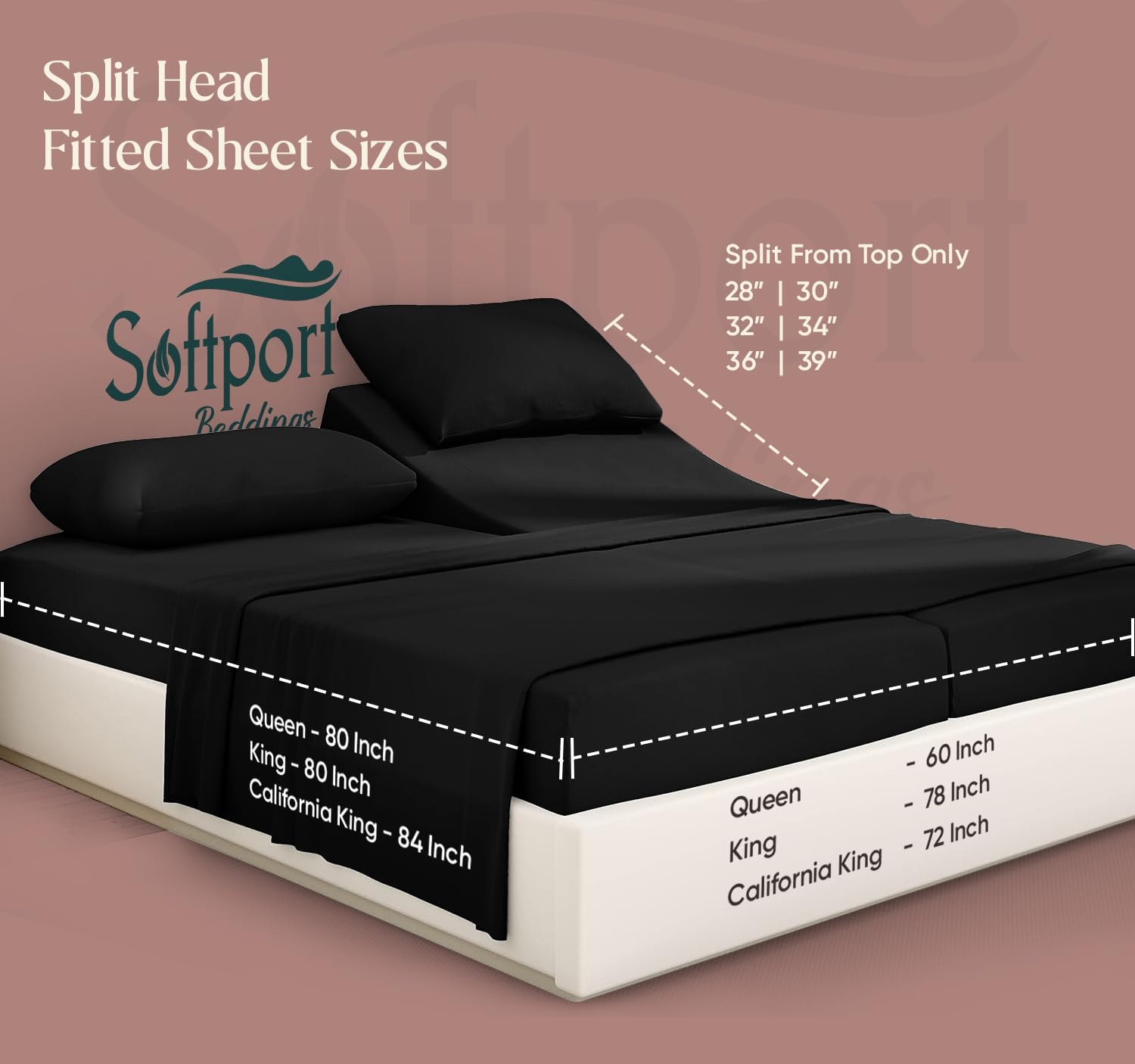 Flex Top King Fitted Sheets for Adjustable Beds 600 Thread Count Half Split 3 PC Fitted Sheet - Soft - King 32 Split Head Fitted Sheet Fits Upto 18 Inch Deep Pocket (Black)