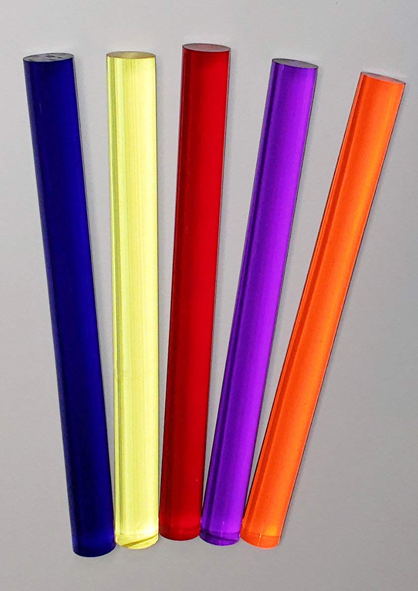 5 Different Color 1” INCH Diameter Clear Translucent Acrylic PLEXIGLASS Plastic Lucite Rod - Blue, Yellow, RED, Purple & Amber