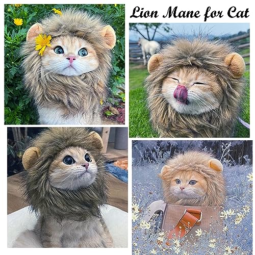 Image of Cat Halloween Costumes - Lion Mane Wigs for Cat Costumes, Adjustable Comfortable Funny Pet Kitten Cats Dress Up Clothing Accessories for Halloween Christmas Festival Party, Grey