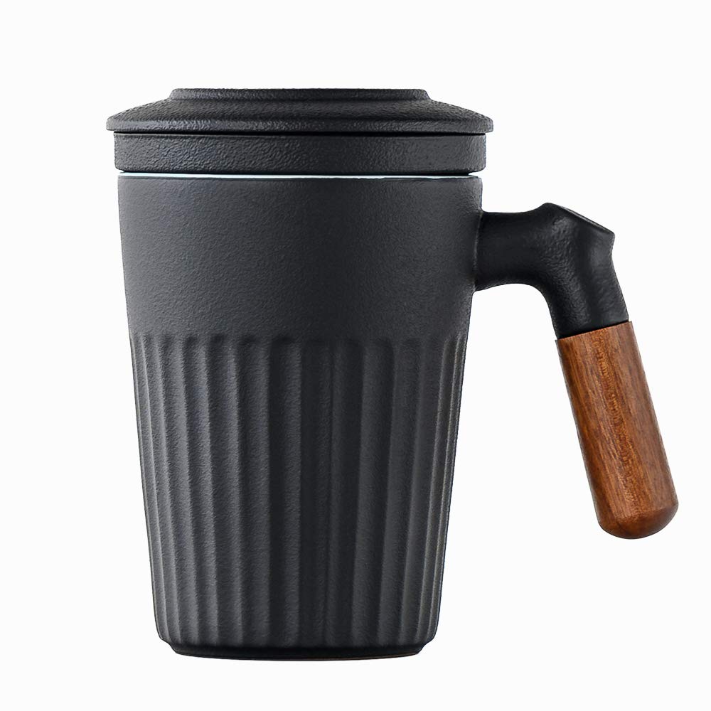 WENSHUO Sandalwood handle Tea Cup with Infuser and Lid, Pottery Tea Strainer Mug for Steeping Loose Tea, 11 oz