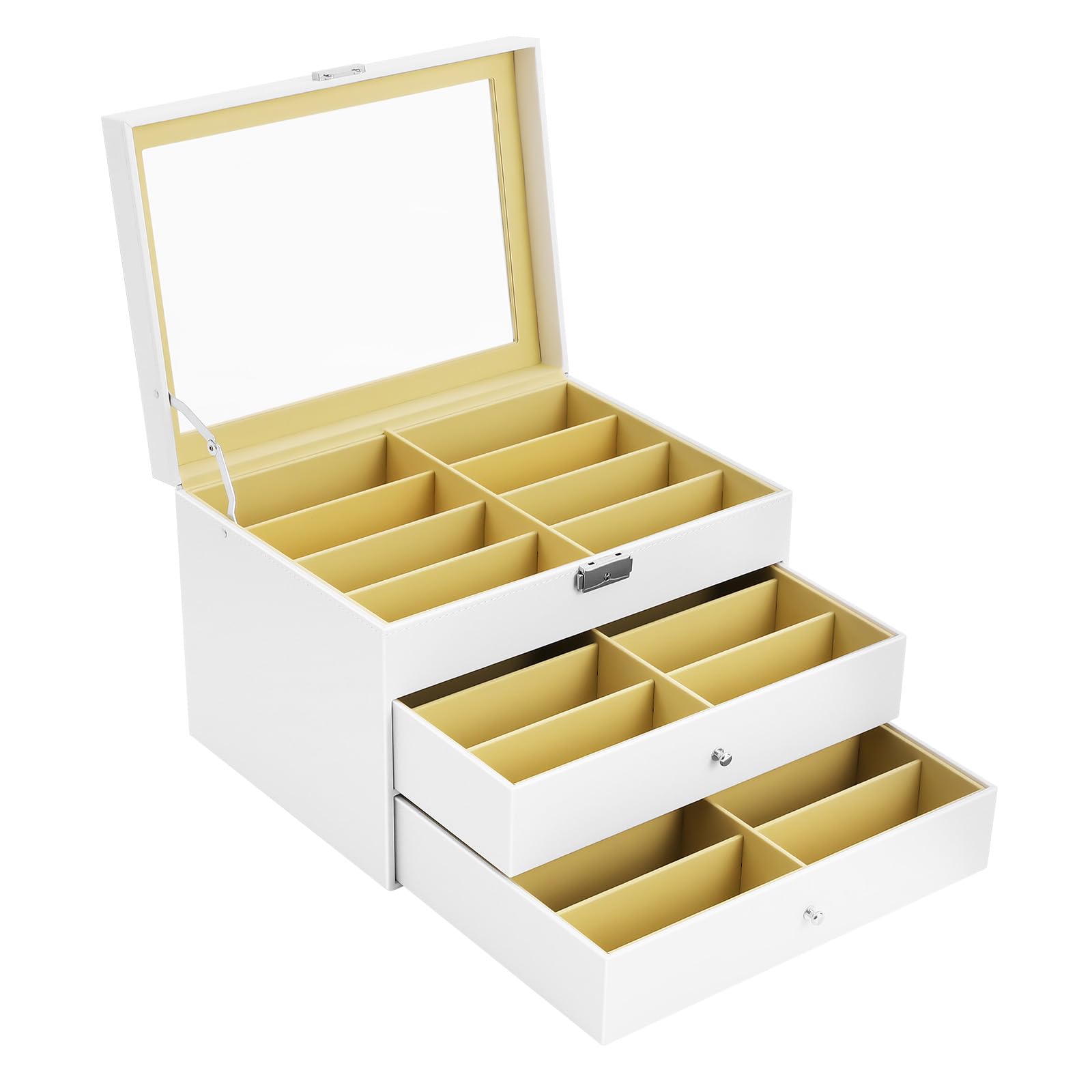 Caja de gafas de 3 niveles con 24 cajones y tapa de cristal, almacenamiento seguro con cerradura y llave, soporte para múltiples gafas, joyas, relojes (blanco)