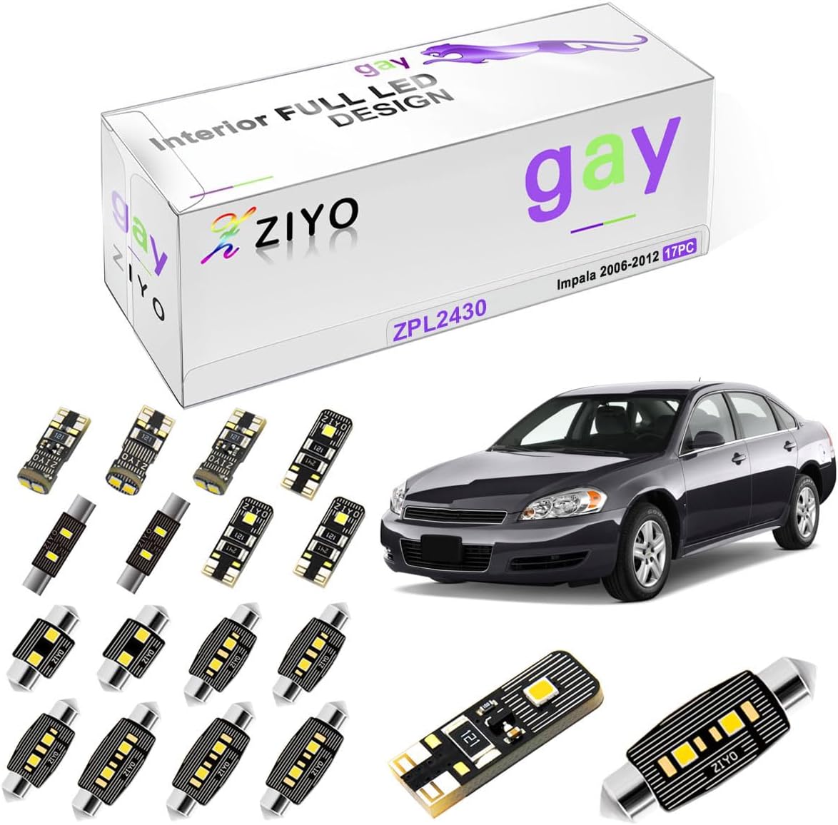 ZIYO ZPL2430 - (17 Bulbs) LED Interior Light kit Replacement for Chevrolet Impala 2006-2012 + License Plate Light Bulbs Package, White Dome Lights Upgrade