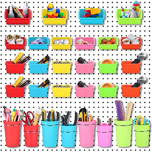 Roowest 60 Pcs Pegboard Cups Pegboard Bins Set, Wall Organizer with Hooks and Loops, Hooks Assortment Organizer Accessory for Office Storage Garage Craft Workshop(Multi Colors)