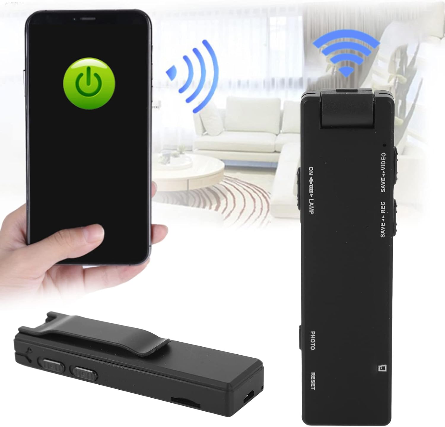 Shanrya Mini Pocket Video Recorder connected wirelessly to a smartphone, showing its compact size and connectivity features.