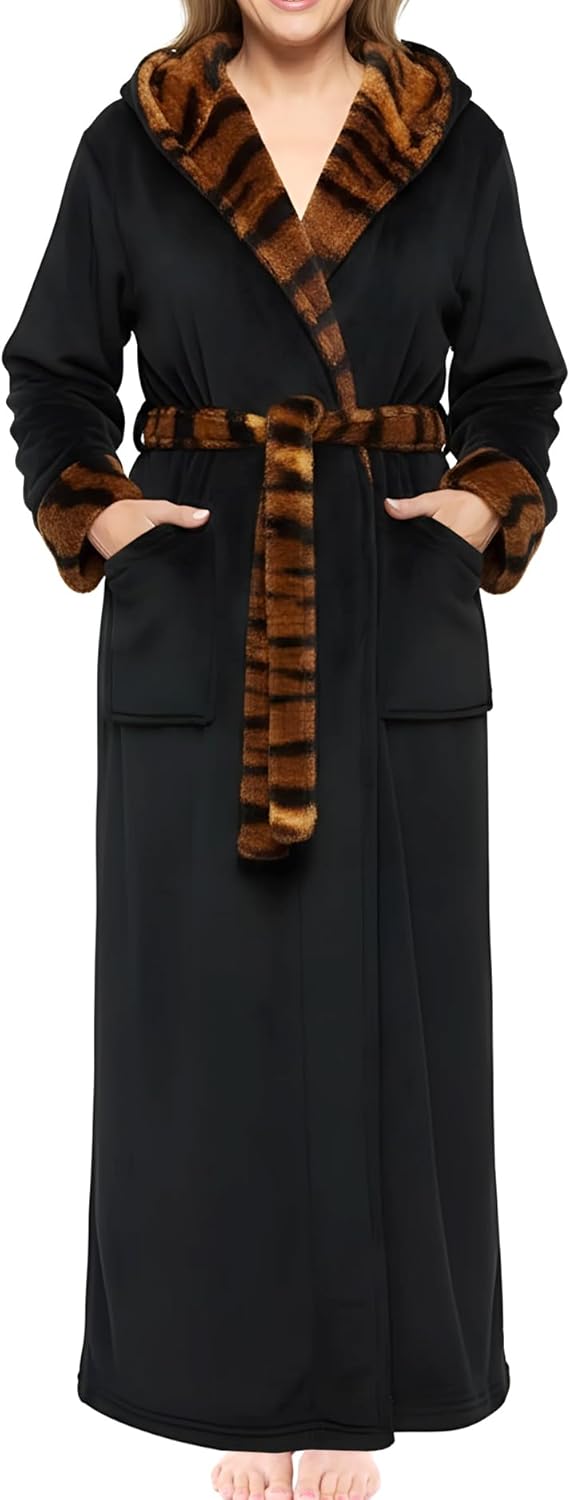 Alexander Del Rossa Plush Fleece Robe for Women, Long Hooded Bathrobe with Hood, Plus Size