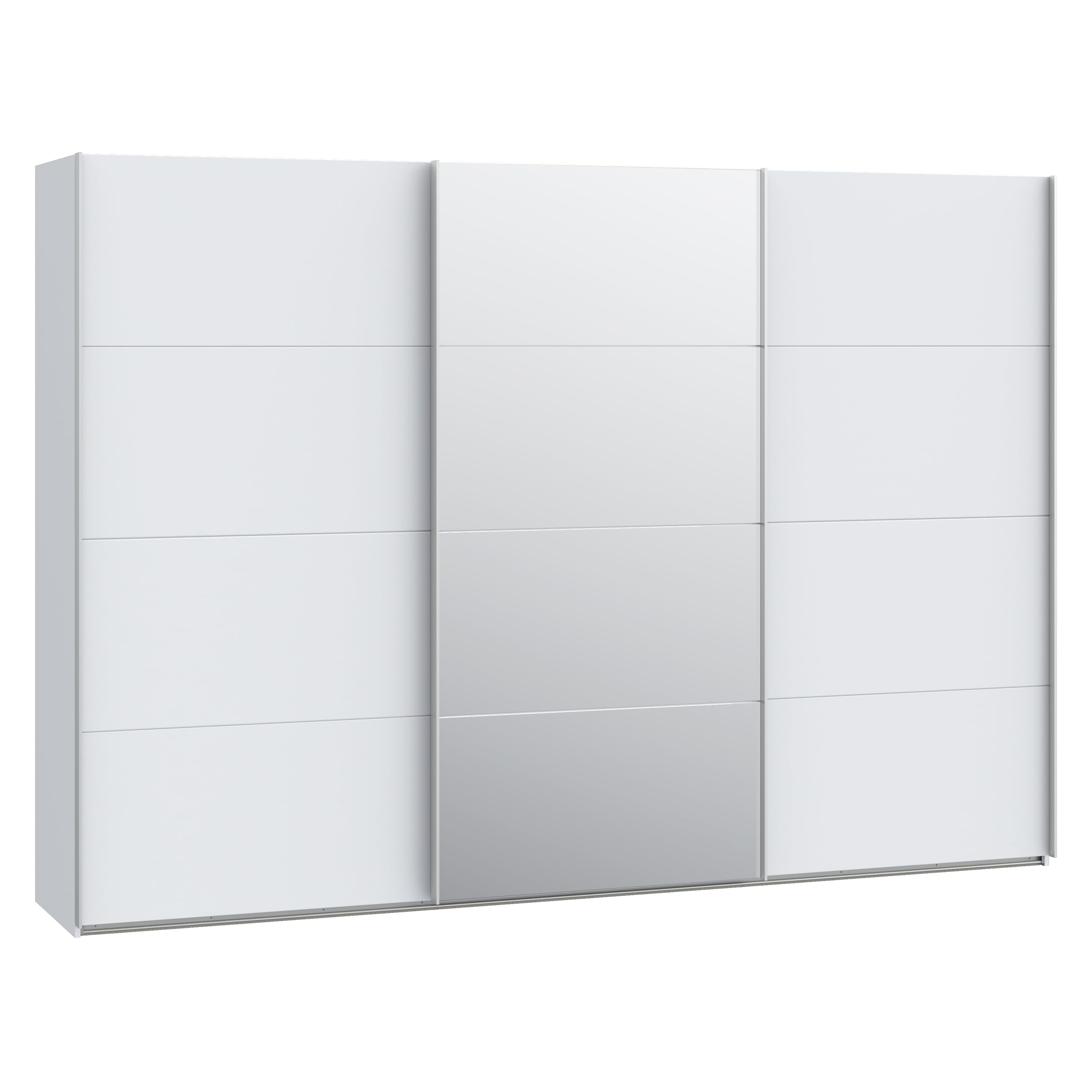 Forte SOPHISTISPACE Kleiderschrank 300, 3-türiger Schwebetürenschrank mit Spiegelfront, Einlegeböden und Kleiderstange, Weiß, 299,8 cm breit, 210,5 cm hoch, 62,9 cm tief
