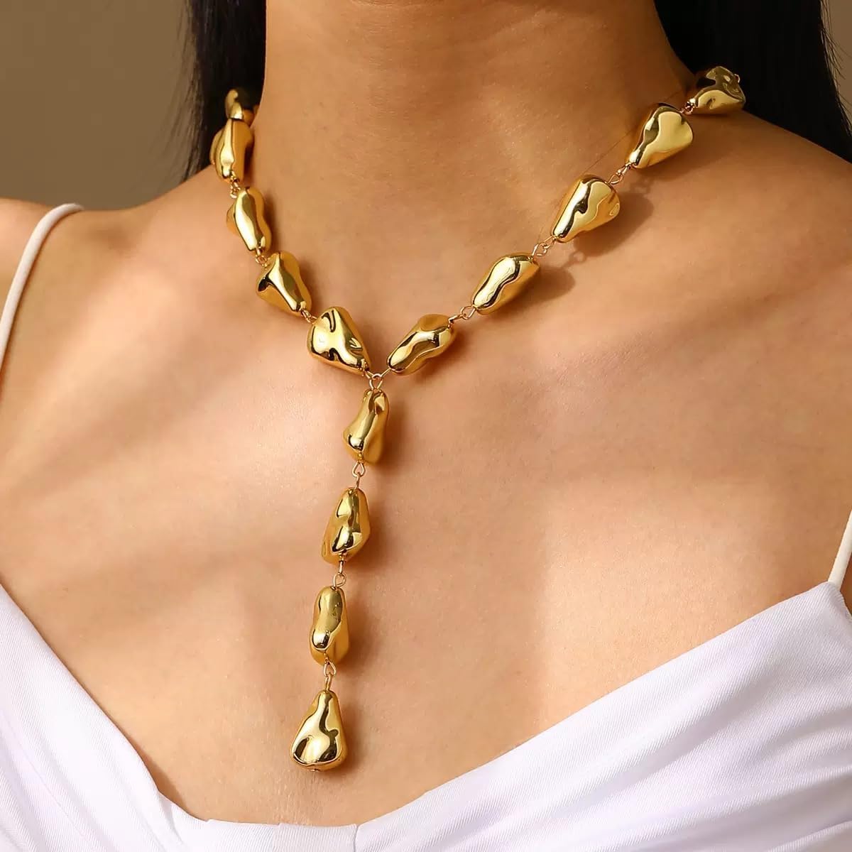 HUGE TOMATO Long Gold Pendant Y Shape Lariat Necklace Statement for Women Trendy, 14K Gold Plated Big Baroque Shaped Style Long Necklace Waterdrop Beads Chain - Image 4