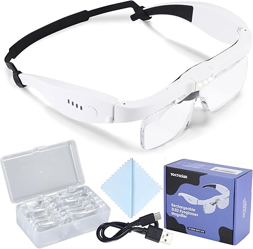 YOCTOSUN Lupa de cabeza con 3 luces LED y lentes desmontables 0.75X, 1.25X, 2.0X, 3.0X y 4.0X, lupa de carga USB, lupa con luz para trabajos
