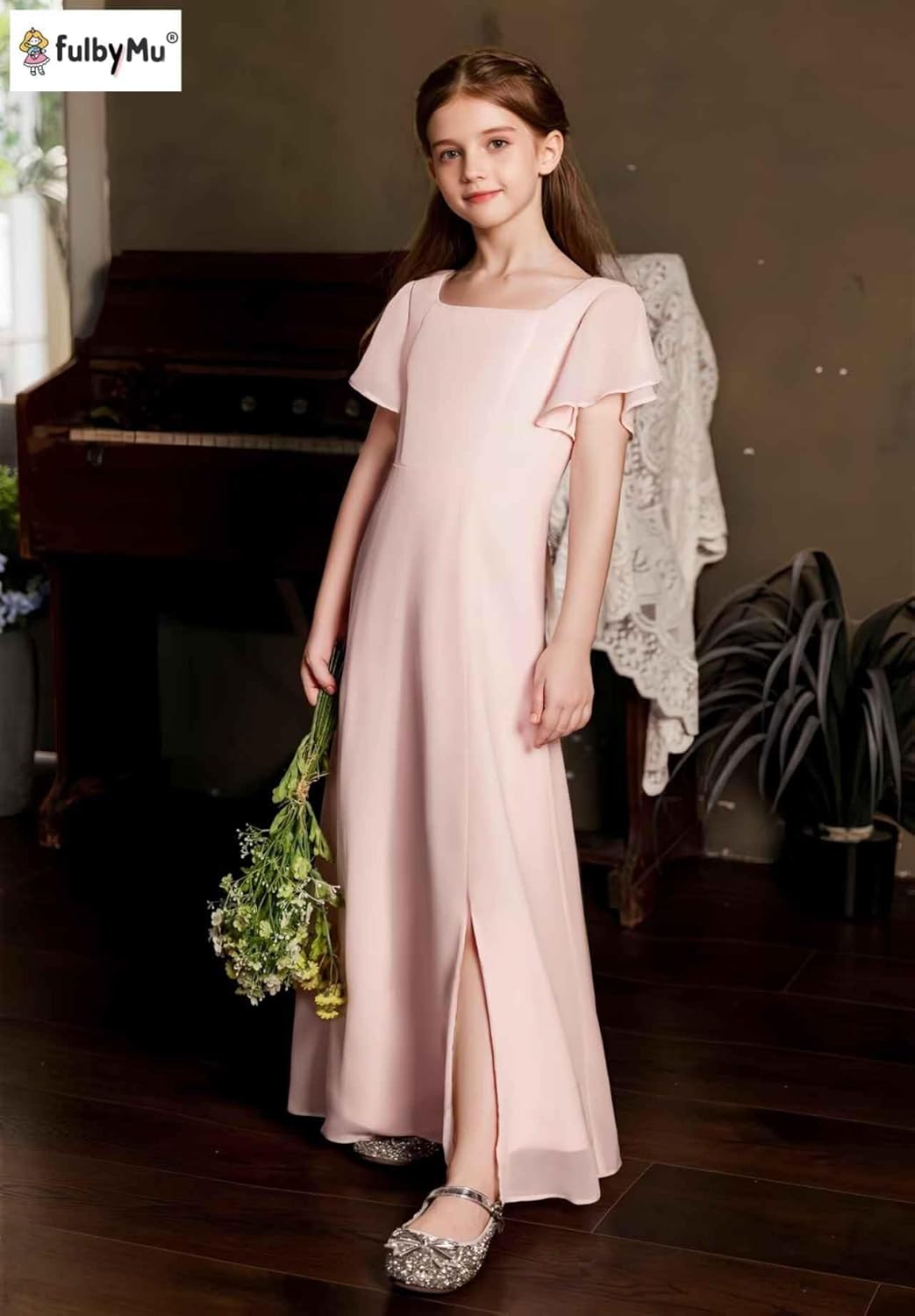 Short Sleeves Junior Bridesmaid Dresses for Girls Formal Party Flower Girl Dress Long with Low Slit - Image 3