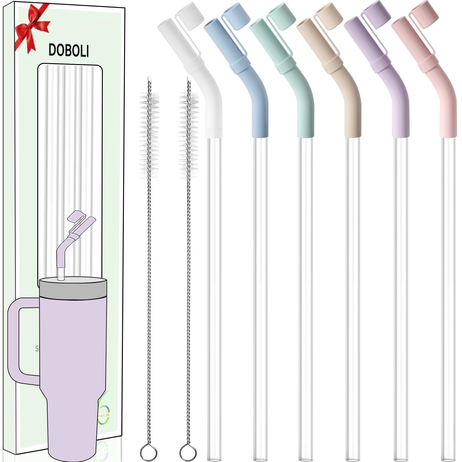 Doboli 6 Pack Reusable Drinking Long Straws with Silicone Tips,Compatible with Stanley 40 oz 30 oz Cup Tumbler,6 Clear Plastic Straws, 6 Silicone Tips, 2 Straw Cleaning Brush