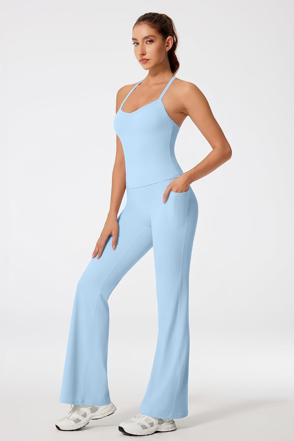 RXRXCOCO Cross Back Workout Sets for Women 2 Piece Padded Tank Tops Flare Leggings Gym Outfits with Pockets - Image 2