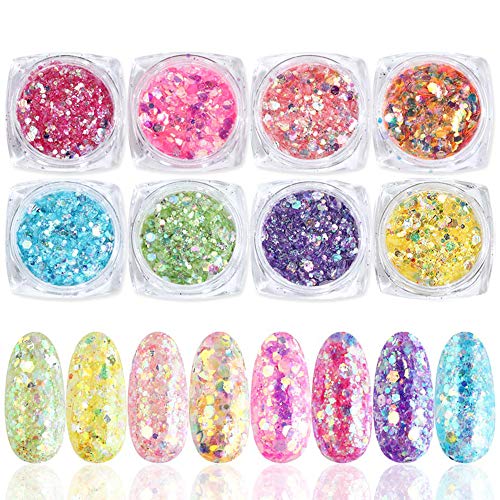 Ocealux 8 Boxes Nail Art Supply Glitters Mix Shinning Spangle Sequins Colorful Hexagon Flakes Holographic Nail Art Pigment Powder Set for Women Manicure Tips Charms Acrylic Nails Decorations