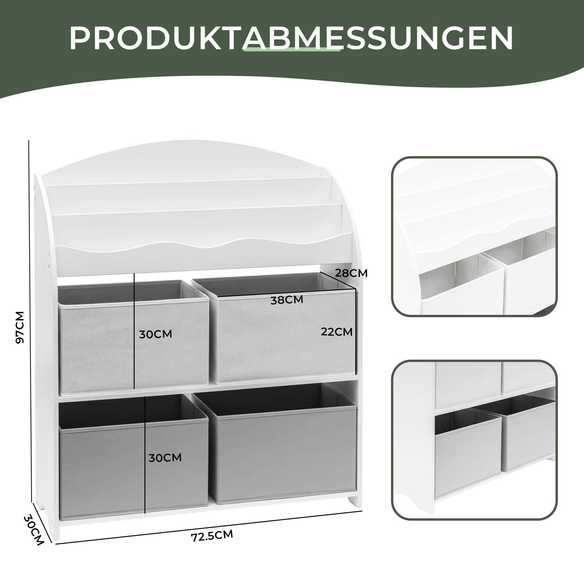 Rebecca Mobili Spielzeugregal, Kinderspielzeugregal, Weiß Grau, MDF TNT, Mit 4 Körben, Für Kinderzimmer - Maße HxBxT: 97,5 x 82,5 x 29,5 cm - Art. RE6846