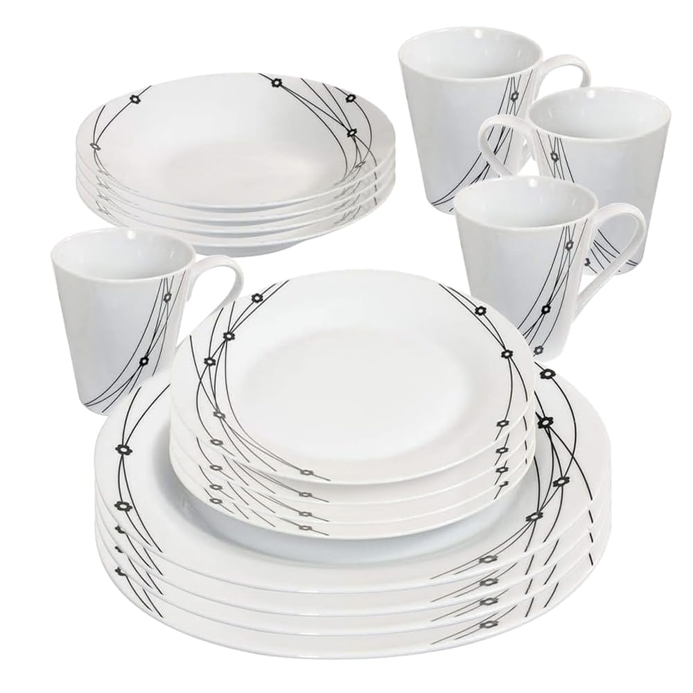 16PC Dinner Set Bowl Plate Mug Soup Side Porcelain Cup Gift Kitchen Service New (Black Patterns)