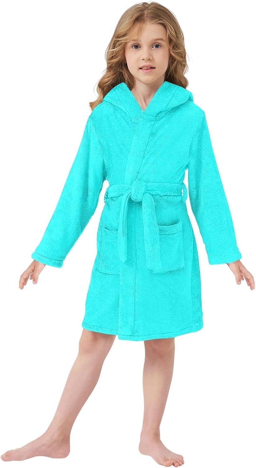 ODAWA Cyan Aqua Kids Bathrobe - Soft Plush Hooded Robe for Boys Girls, Quick Dry Absorbent Beach Swimming Bath Towel