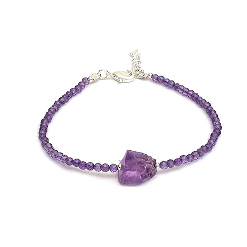 Gempires Genuine Amethyst Beaded Bracelet for Women, Faceted Beads 2.4-2.5 mm with Raw Amethyst Stone, February Birthstone Gift for Her, Silver