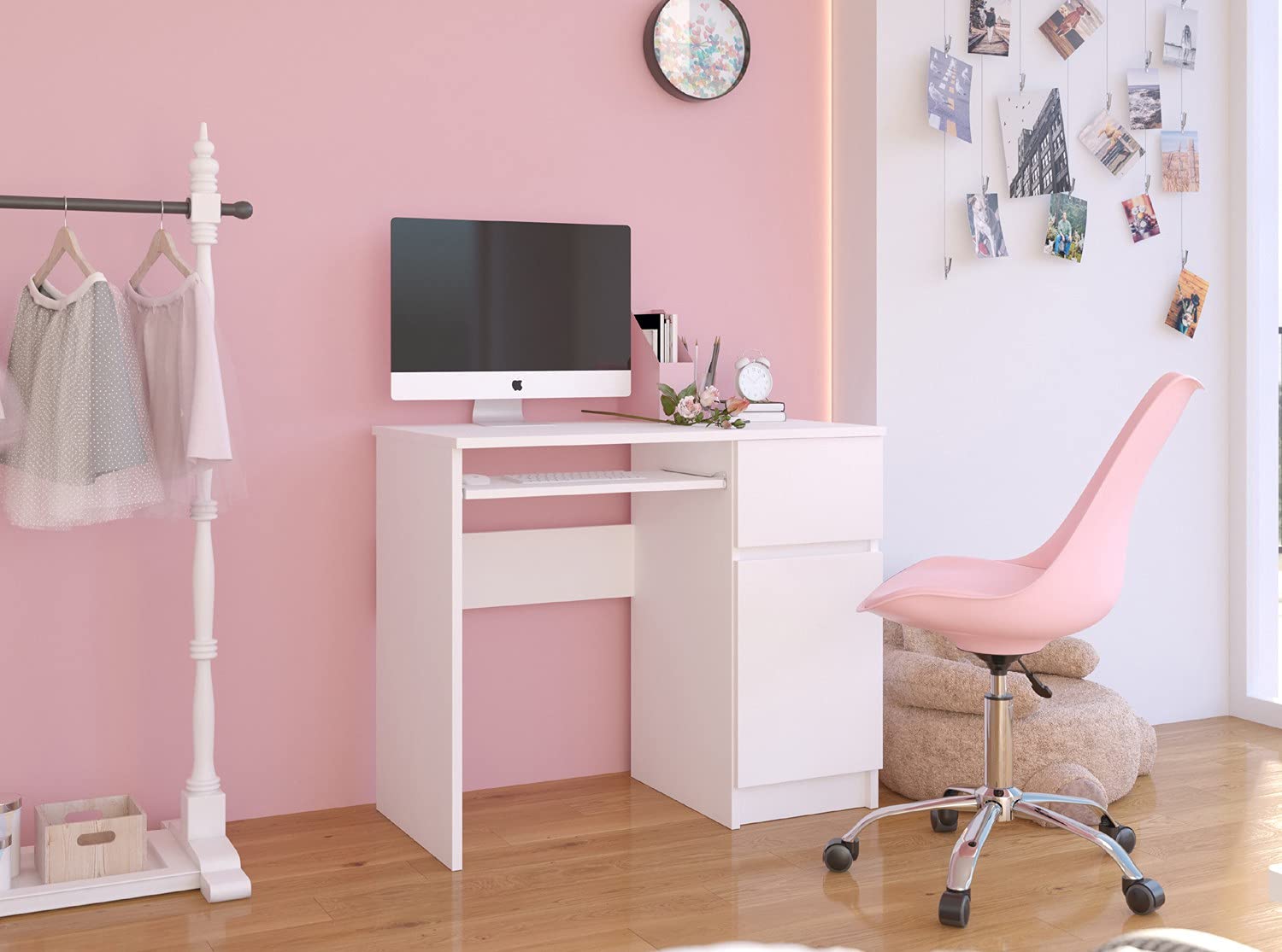 AKORD Bureau Informatique d'ordinateur Piksel | Tablette Clavier | Droit | Desk | 1 Tiroir et 1 Compartiment avec Porte | Table d’étude | L90 x H77 x P50 cm | Blanche