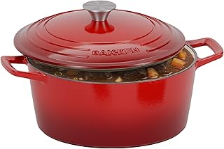 Bakken(バッケン) ホーロー 鋳鉄 ダッチオーブンポット 6クォート ダッチオーブン パン焼き/蒸し焼き/ロースト用 キッチン&キャンプファイヤー料理 湿気ロック蓋 華氏500度までのオーブン対応 すべての調理台に対応 レッド
